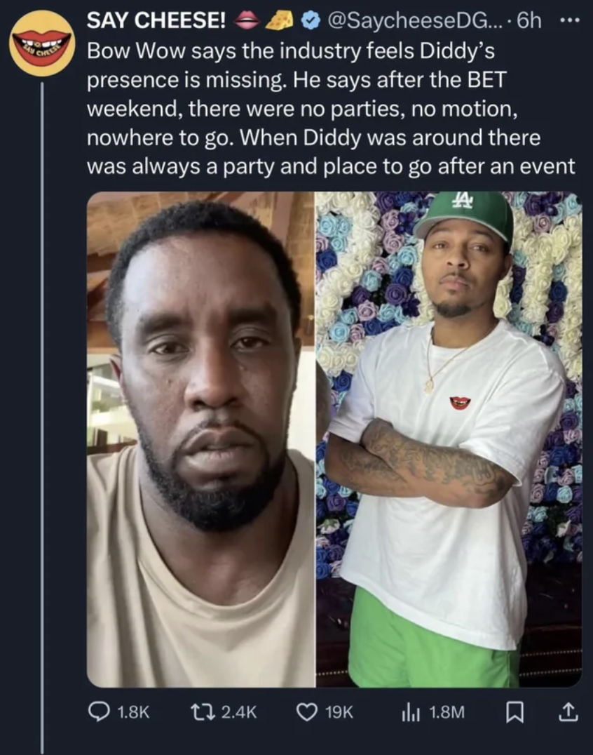 diddy apologize - Say Cheese! .... 6h ... Bow Wow says the industry feels Diddy's presence is missing. He says after the Bet weekend, there were no parties, no motion, nowhere to go. When Diddy was around there was always a party and place to go after an 