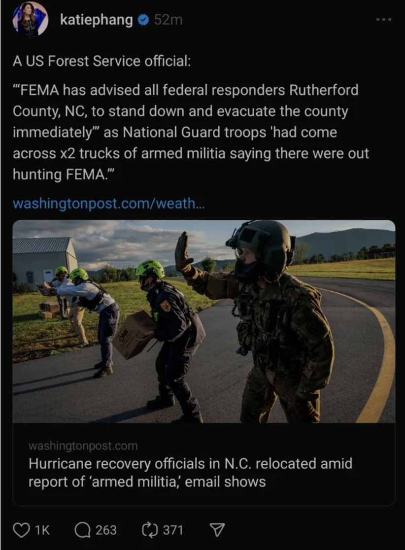 Militia - katiephang 52m A Us Forest Service official "Fema has advised all federal responders Rutherford County, Nc, to stand down and evacuate the county immediately" as National Guard troops 'had come across x2 trucks of armed militia saying there were