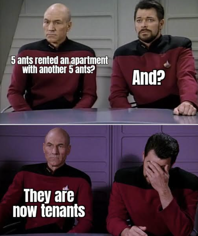 picard and riker memes - 5 ants rented an apartment with another 5 ants? They are now tenants And?