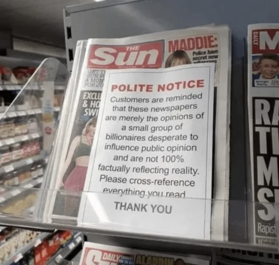 Newspaper - Sn The Maddie Police have secret new Son P Amon Porjd Exclu & Ho Swi Polite Notice Customers are reminded that these newspapers are merely the opinions of a small group of billionaires desperate to influence public opinion and are not 100% fac