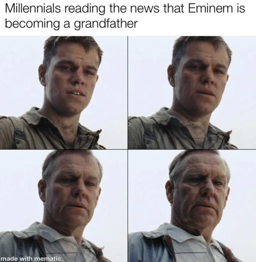 Millennials reading the news that Eminem is becoming a grandfather made with mematic