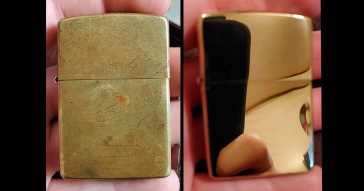 A zippo lighter in its present condition vs. how it looked originally after being 'restored'.