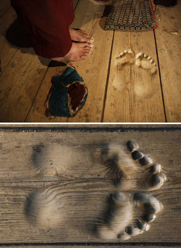 This monk has become one with his prayer spot as over time his feet have created deep indentations in the wood floor.