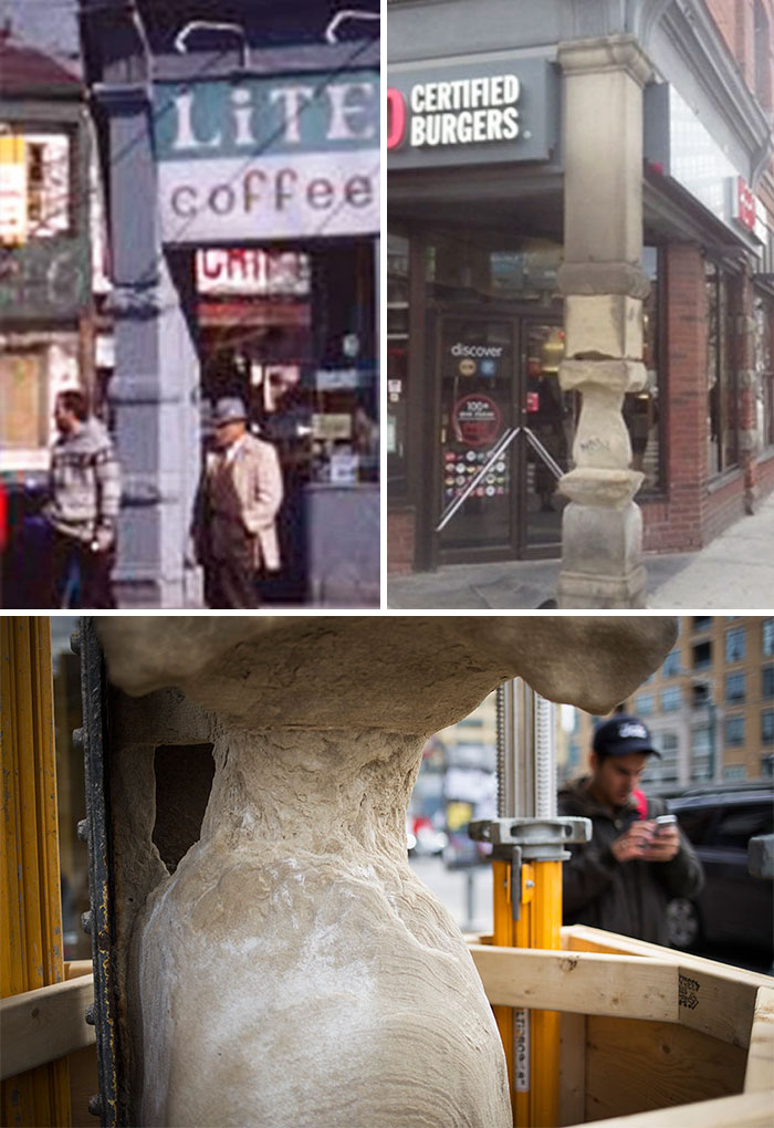 Passerbys have touched this column so much it is worn down to the point of needing repair.