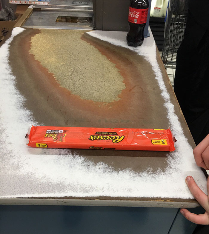 The result of items being slid across the counter of a convenience store over the years.