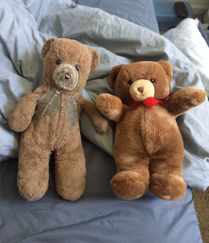 A couple bought two identical teddy bears when their child was born.  The one on the left is 25 years old and well-loved, the one on the right has been kept in storage to be given to a future grandchild.