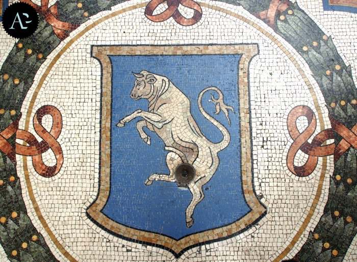 This bull mosaic has a hole worn in its 'private parts' as it was considered good luck to place your heel on it, and turn.