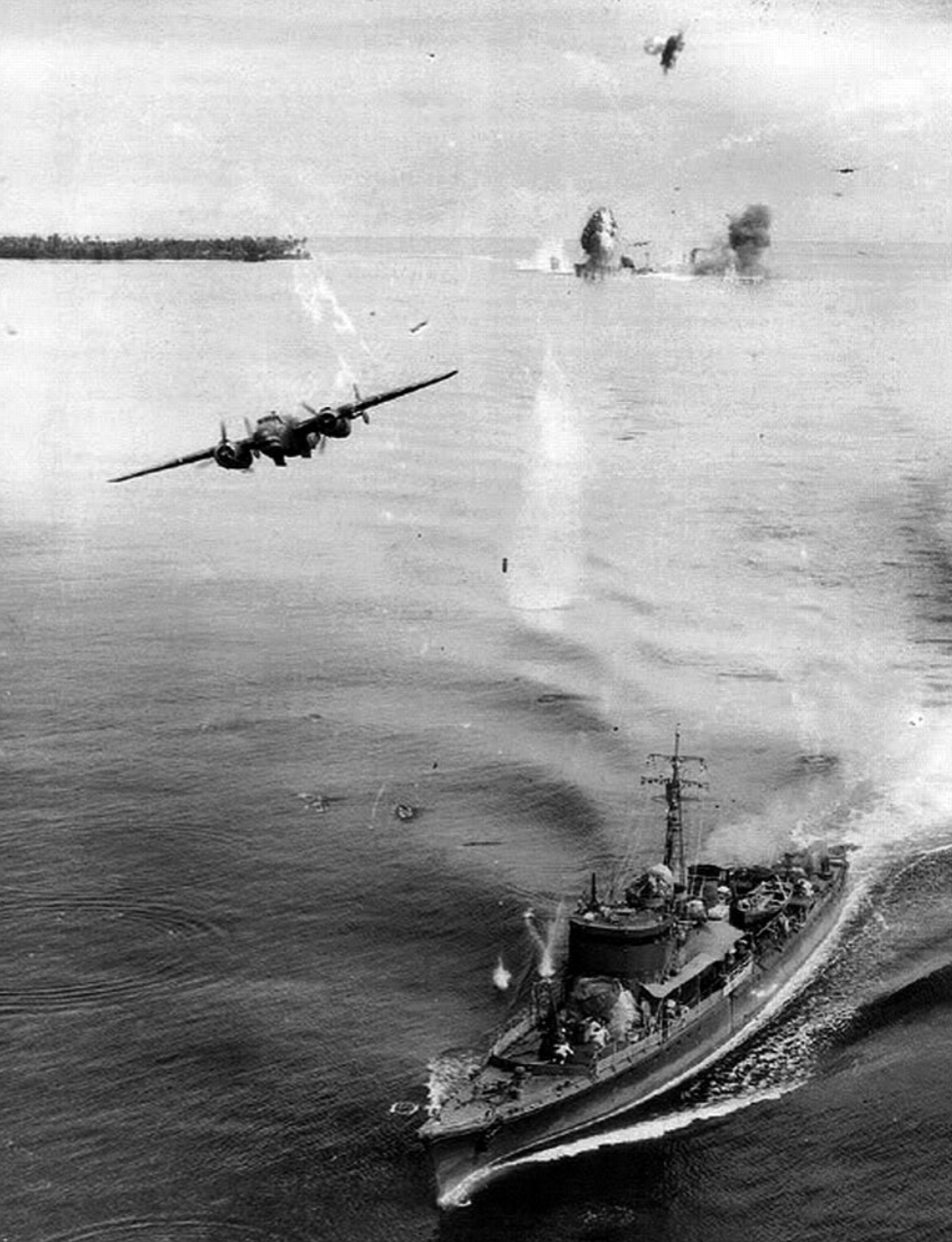 American B25 bombers attack Japanese war ships somewhere in the pacific during WWII. 16 Feb 1944.