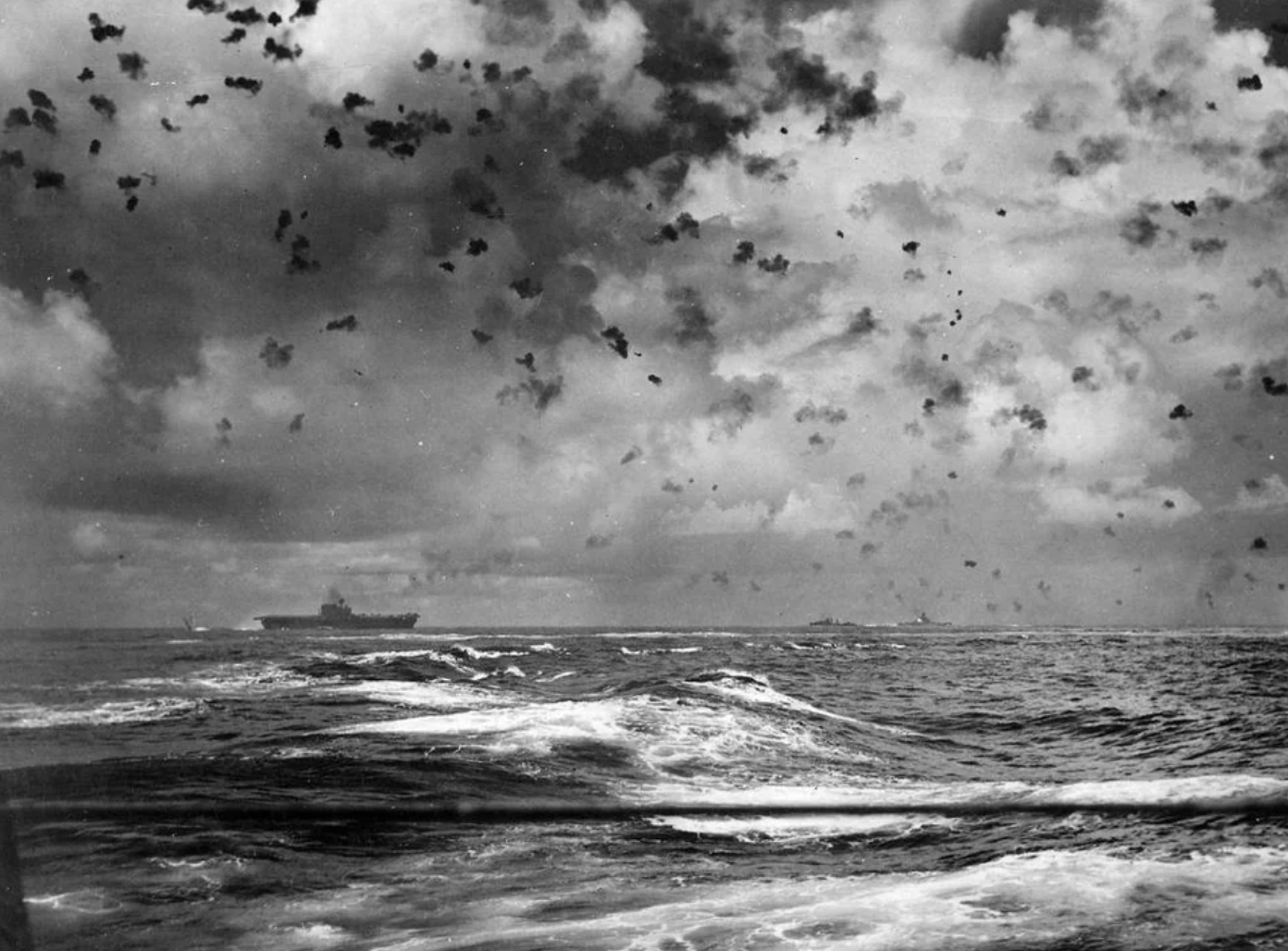 USS Enterprise under a sky of heavy flak during the battle of the Santa Cruz Islands, October 26, 1942.