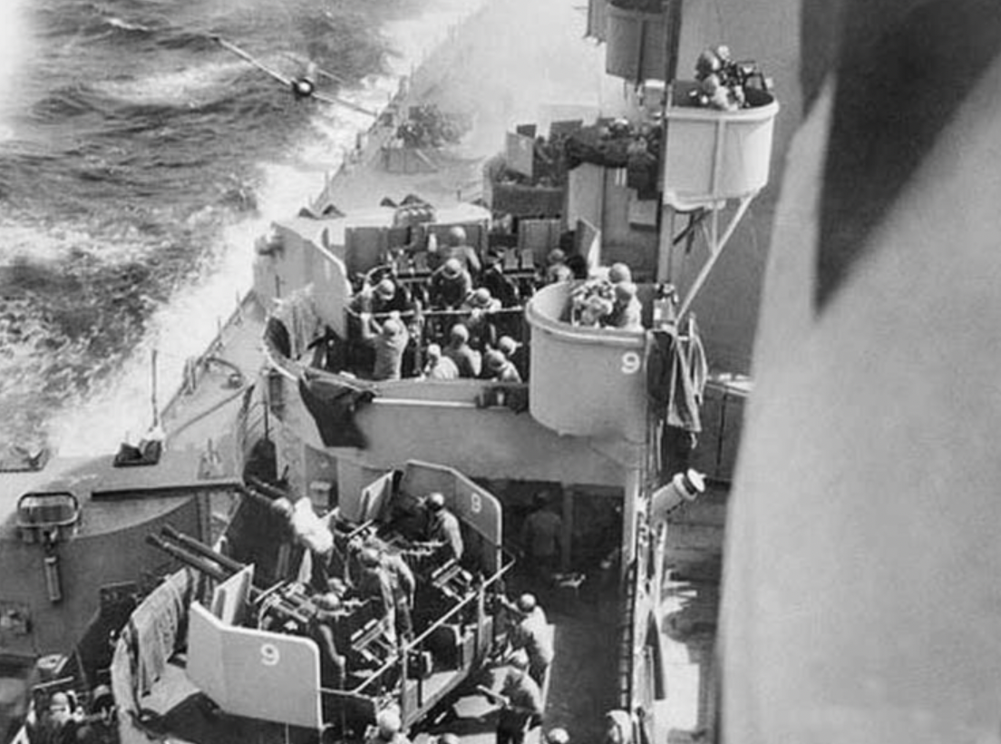 A6M Zero Kamikaze moments before hitting the starboard side of USS Missouri on April 11, 1945.