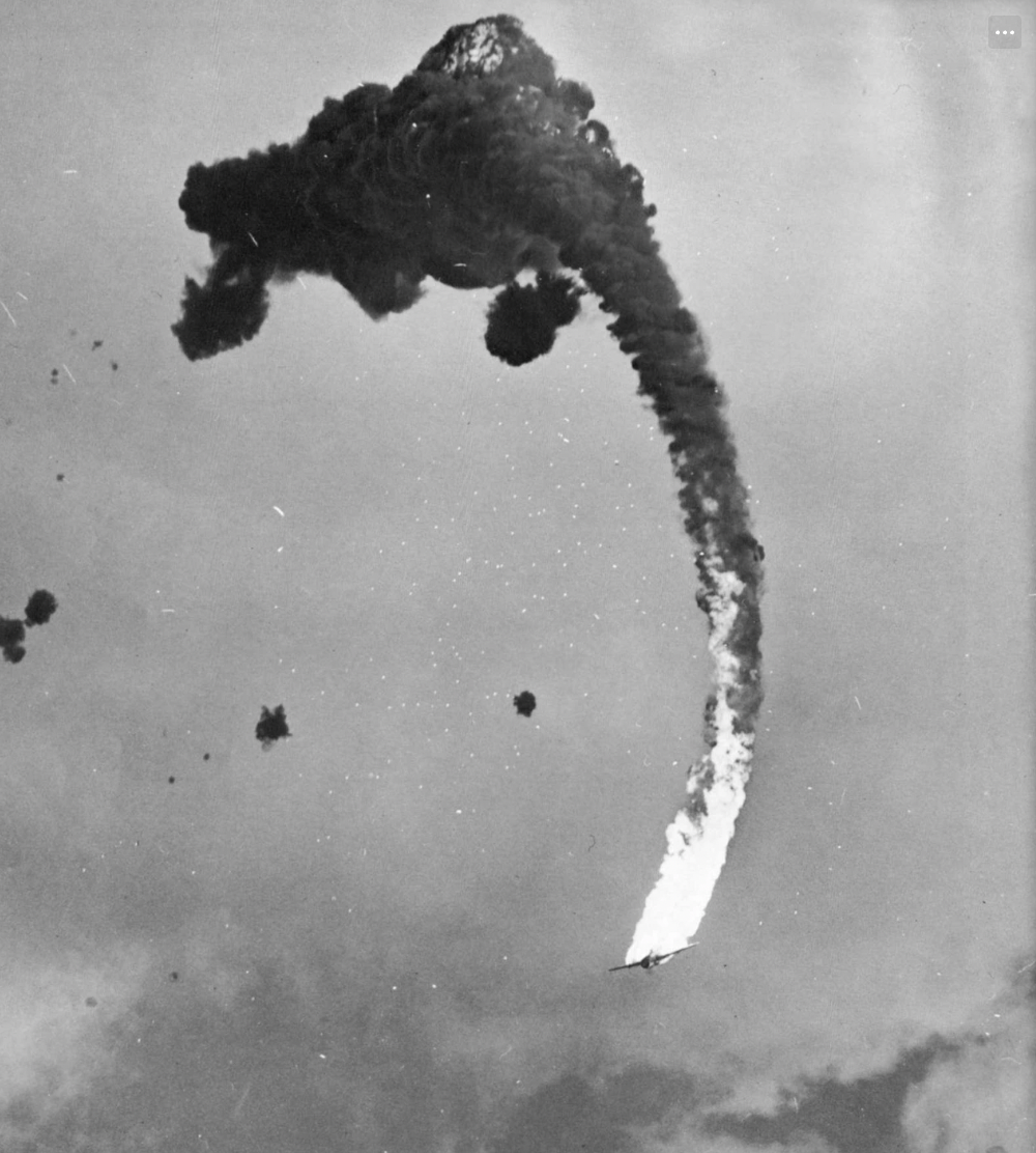 The final moments of a Japanese dive bomber, 1945.