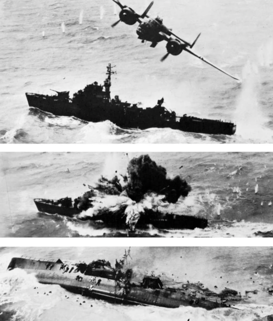 USAAF B-25 sinks Japanese destroyer Amatsukaze off the coast of Xiamen, China, 6th of April 1945.