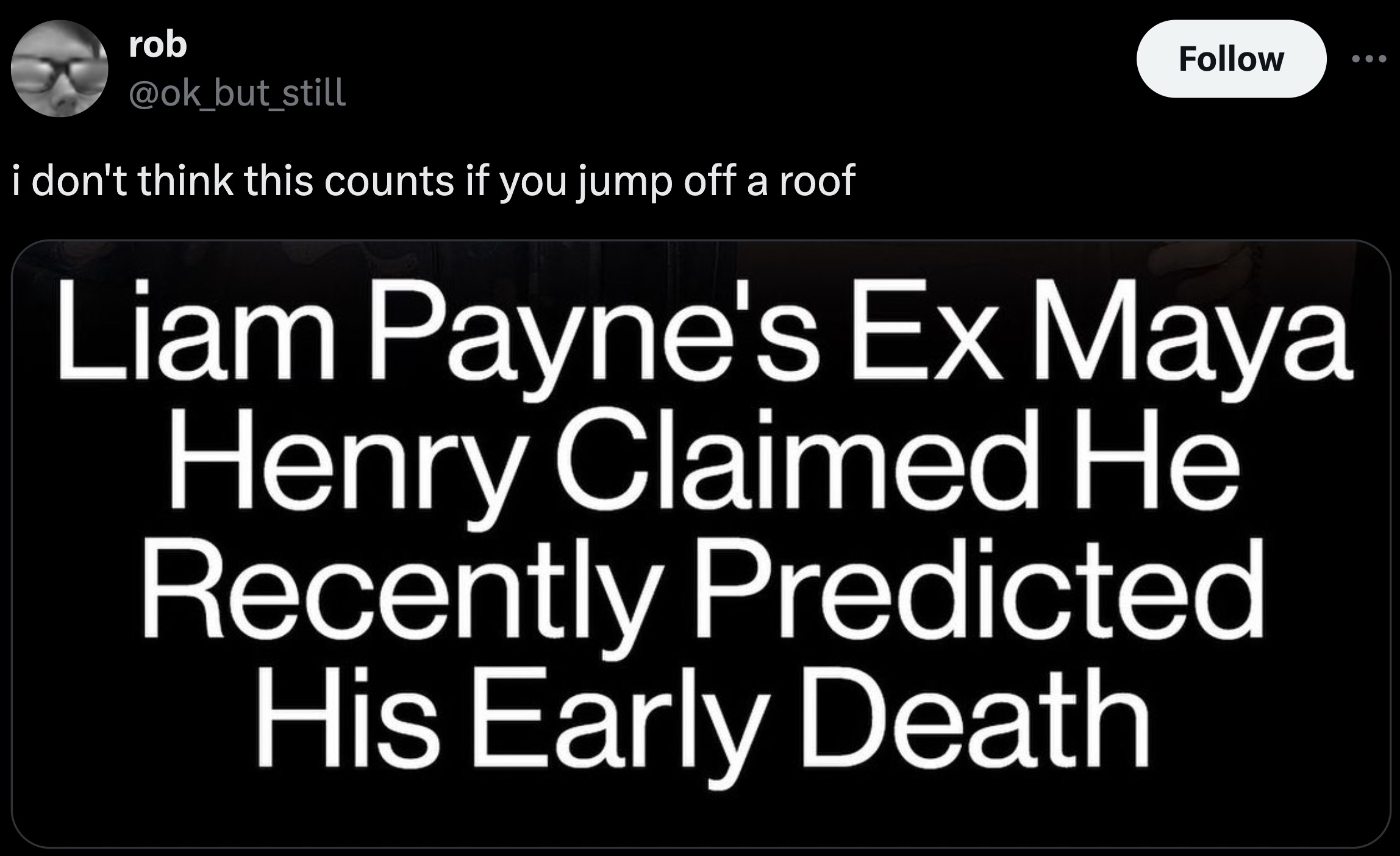 screenshot - rob i don't think this counts if you jump off a roof Liam Payne's Ex Maya Henry Claimed He Recently Predicted His Early Death