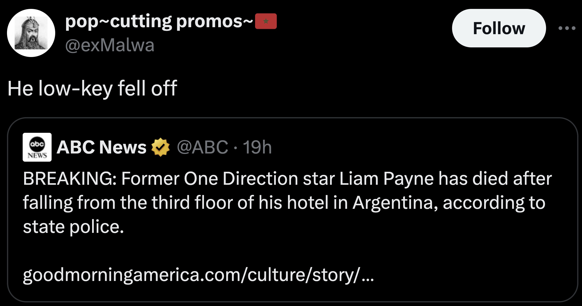 screenshot - popcutting promos~ He lowkey fell off abc Abc News 19h News Breaking Former One Direction star Liam Payne has died after falling from the third floor of his hotel in Argentina, according to state police. goodmorningamerica.comculturestory...