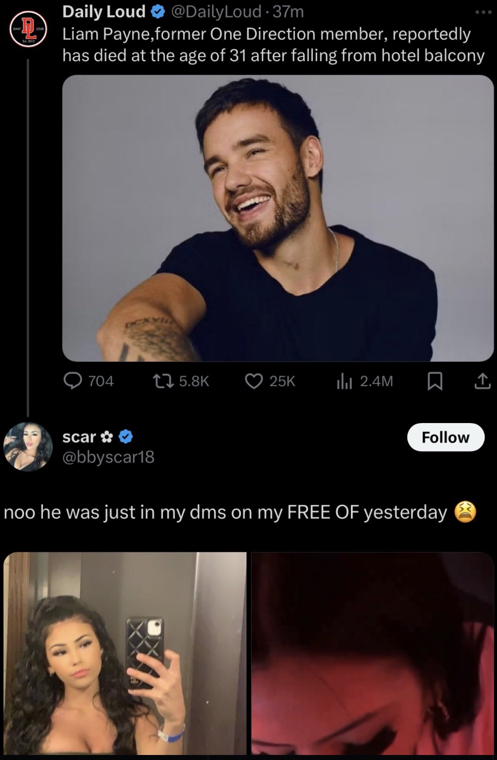 liam payne - Daily Loud D. 37m Liam Payne, former One Direction member, reportedly has died at the age of 31 after falling from hotel balcony 704 25K ili 2.4M scar noo he was just in my dms on my Free Of yesterday