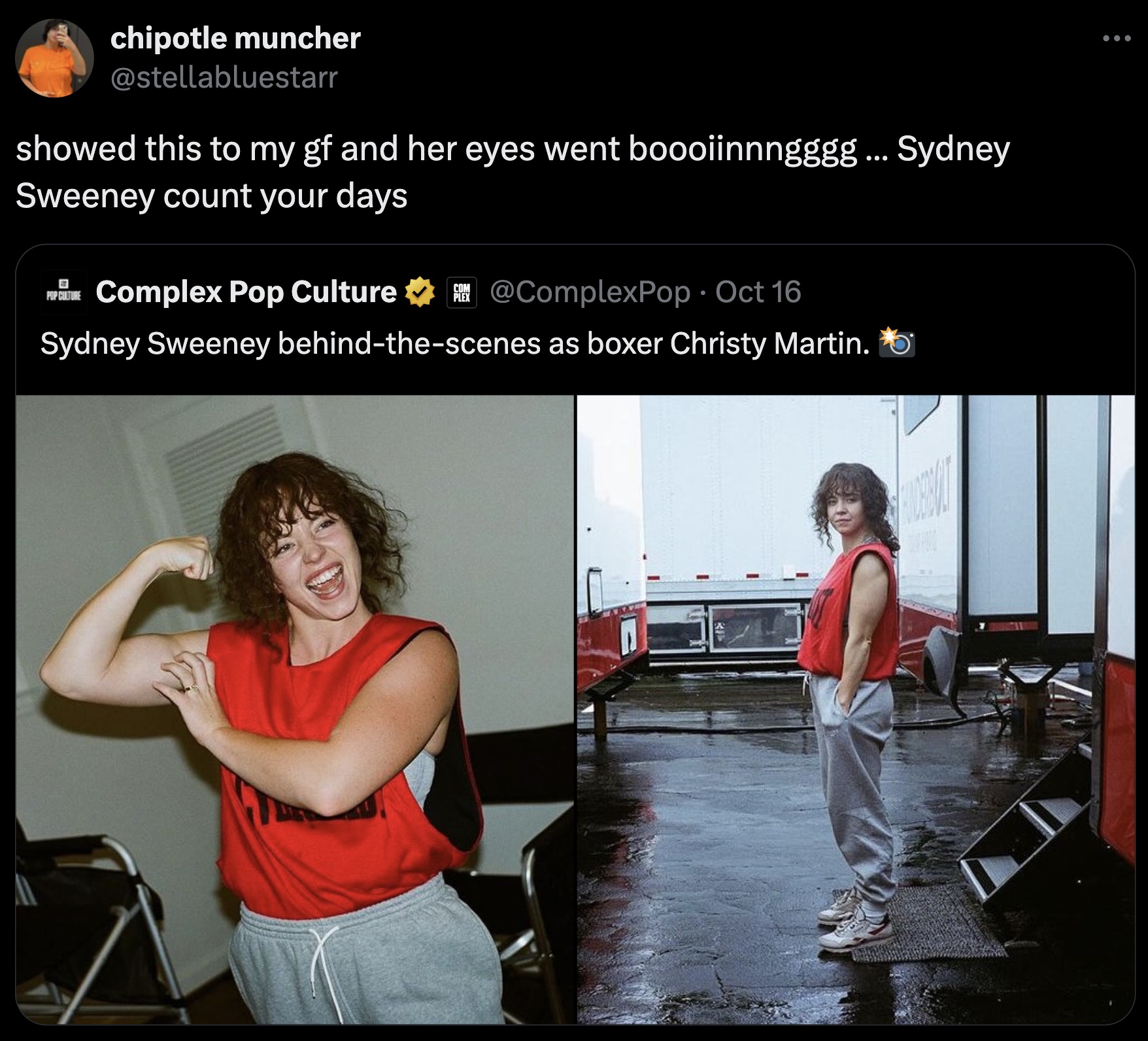 car - chipotle muncher showed this to my gf and her eyes went boooiinnngggg... Sydney Sweeney count your days Complex Pop Culture Oct 16 Sydney Sweeney behindthescenes as boxer Christy Martin.