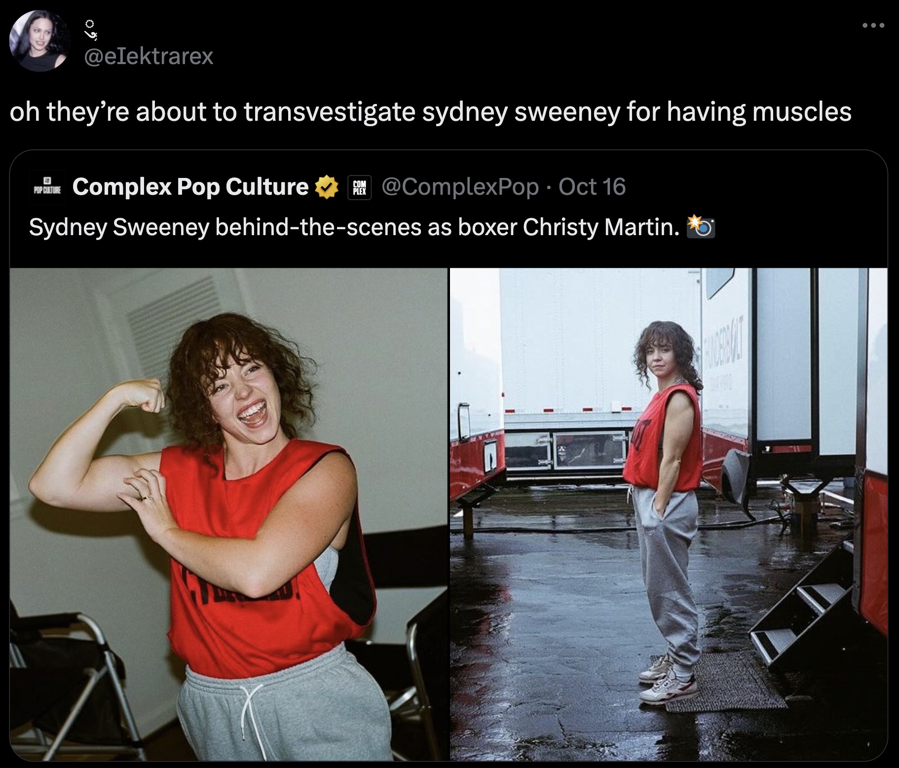 screenshot - oh they're about to transvestigate sydney sweeney for having muscles Complex Pop Culture Oct 16 Sydney Sweeney behindthescenes as boxer Christy Martin.