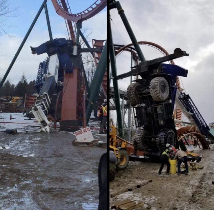 Aftermath of a crane collapse that was carrying brand new roller coaster track.