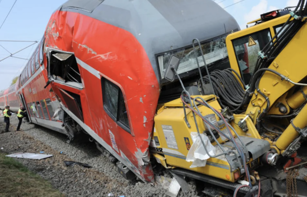 The 2012 Mühlheim Excavator collision. Construction workers position their dual-mode excavator on the wrong track, leading to being hit by a regional express train.