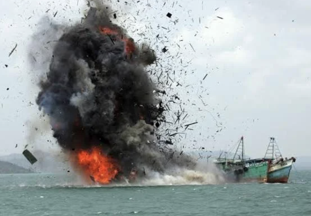 Illegal foreign fishing boats being blown up by the Indonesian Navy.