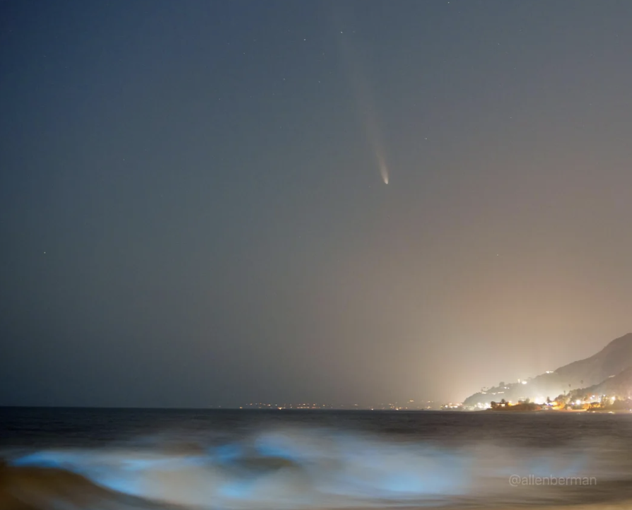 Bioluminescent waves and the comet over Malibu.