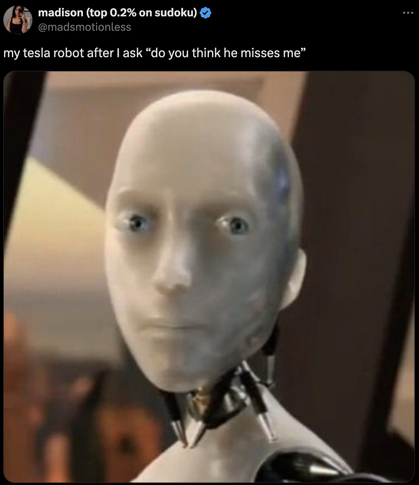 Meme - madison top 0.2% on sudoku my tesla robot after I ask "do you think he misses me"