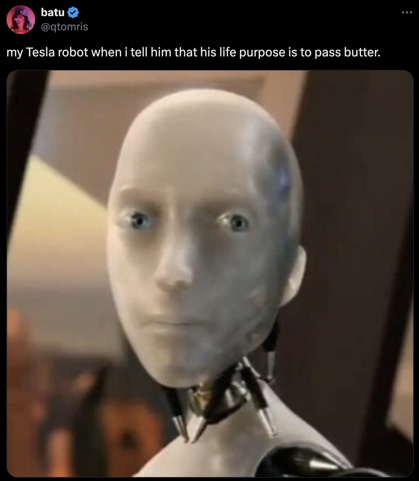 batu my Tesla robot when i tell him that his life purpose is to pass butter.