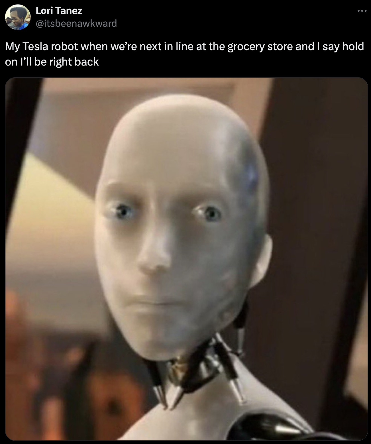 Meme - Lori Tanez My Tesla robot when we're next in line at the grocery store and I say hold on I'll be right back