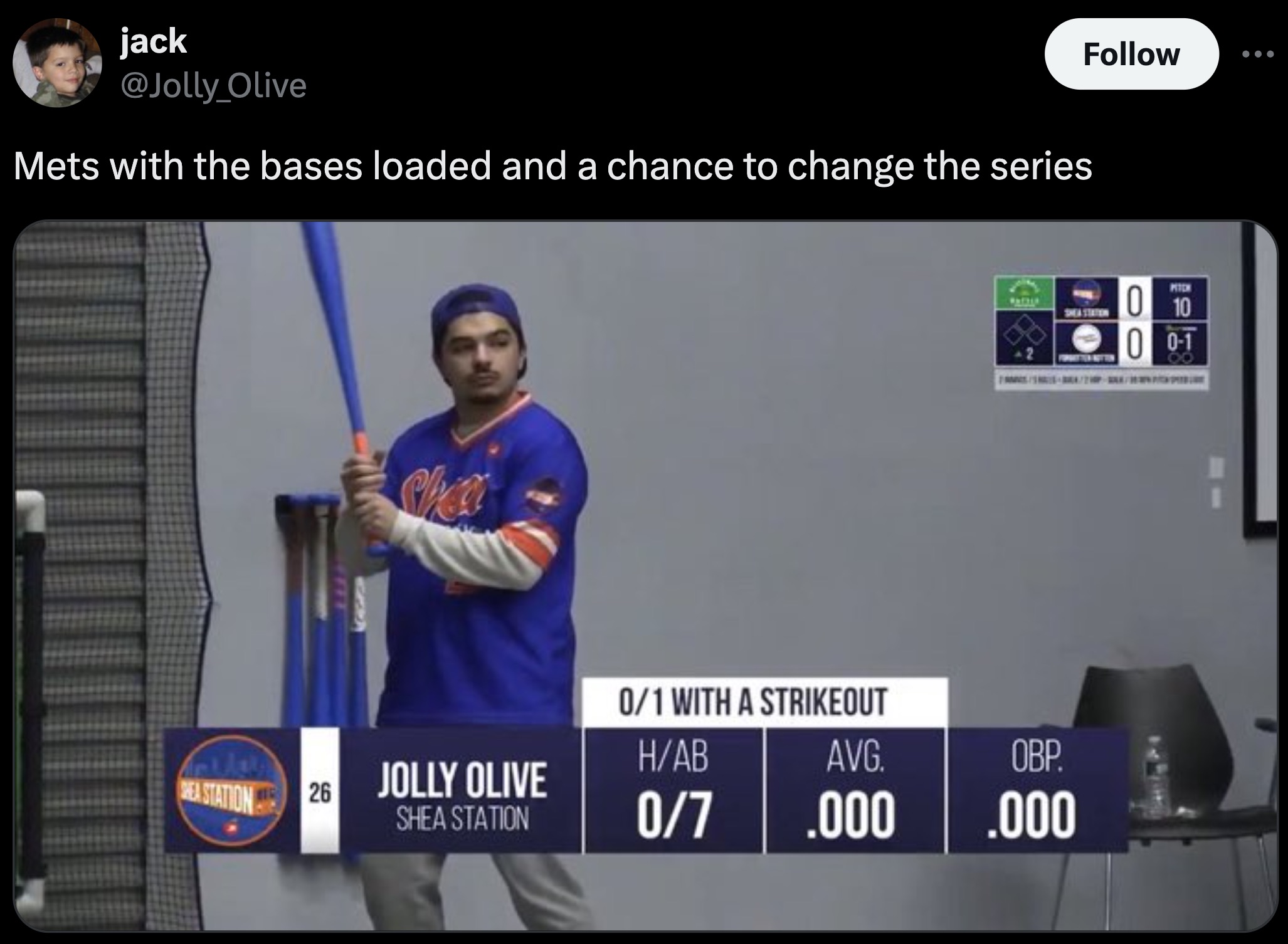 screenshot - jack Mets with the bases loaded and a chance to change the series Chec Shea Staten Sportter Boten 01 With A Strikeout Hea Station 26 Jolly Olive HAb Avg. Obp. Shea Station 07 .000 .000 Pitch 0 10 001