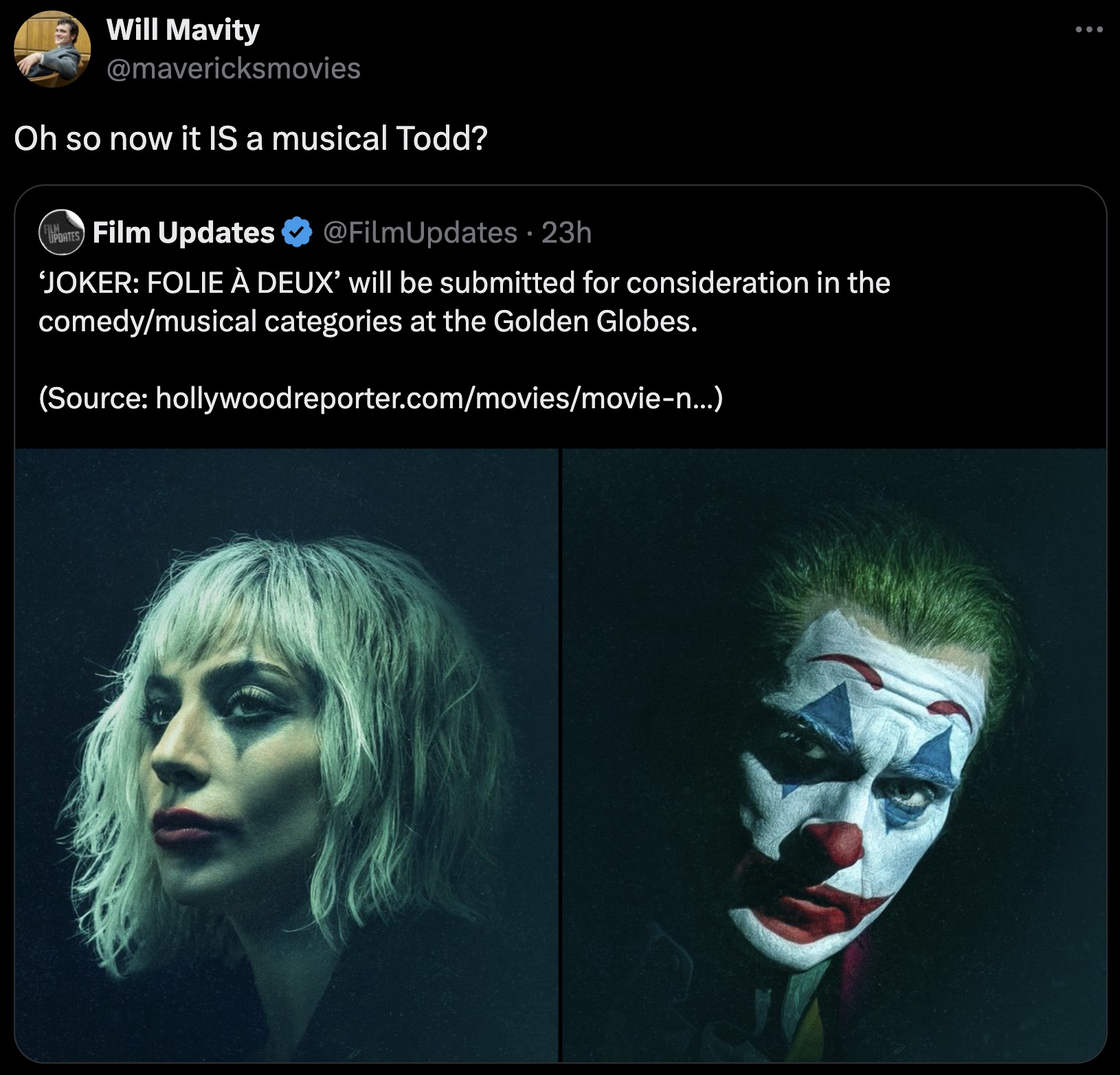 joker folie à deux poster gaga - Will Mavity Oh so now it Is a musical Todd? Film Updates 23h 'Joker Folie Deux' will be submitted for consideration in the comedymusical categories at the Golden Globes. Source hollywoodreporter.commoviesmovien...