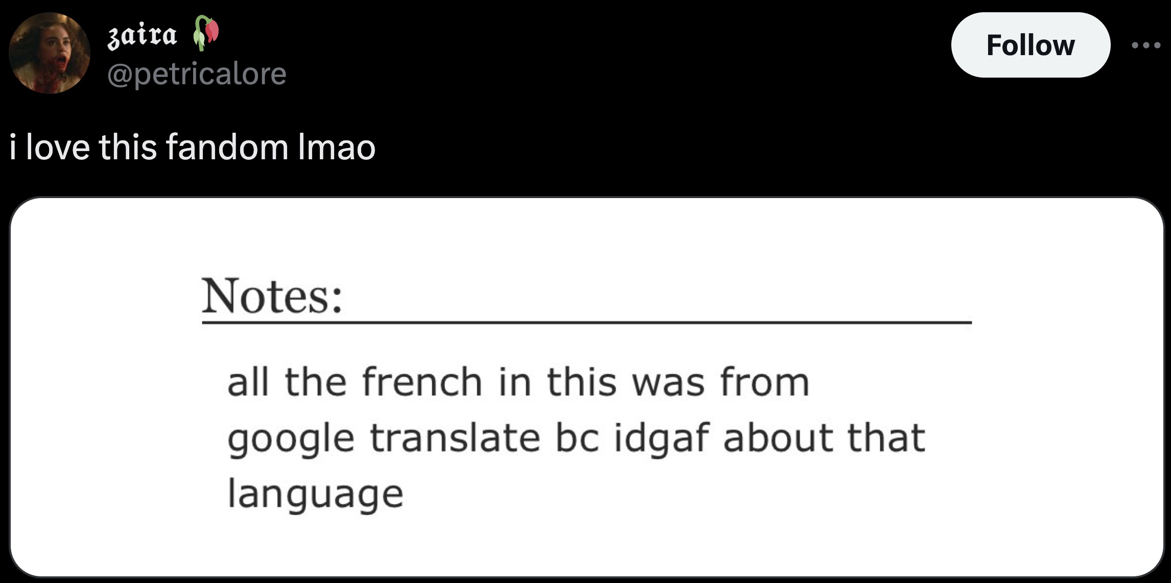 screenshot - zaira i love this fandom Imao Notes all the french in this was from google translate bc idgaf about that language