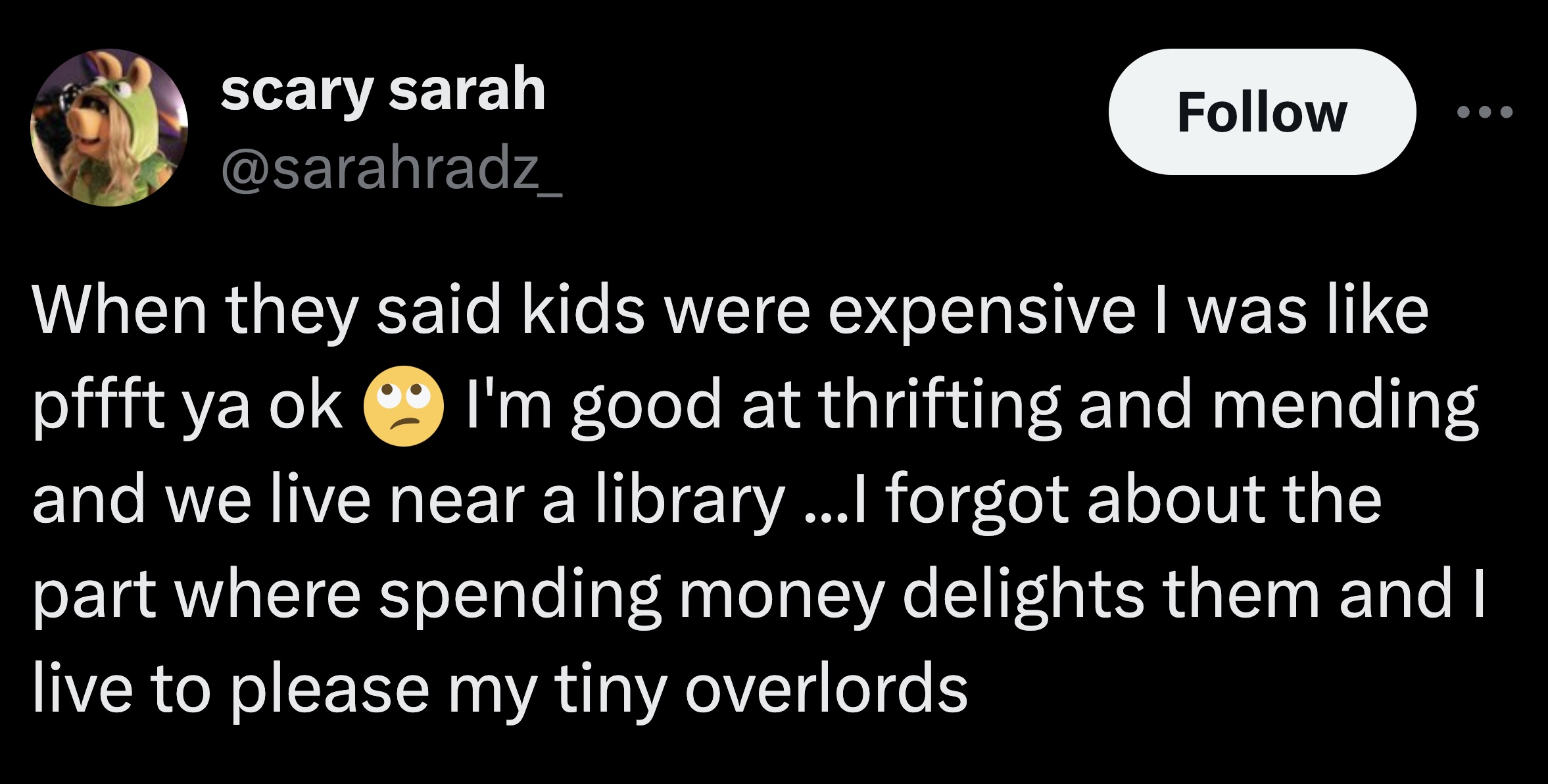 parallel - scary sarah When they said kids were expensive I was pffft ya ok I'm good at thrifting and mending and we live near a library ...I forgot about the part where spending money delights them and I live to please my tiny overlords