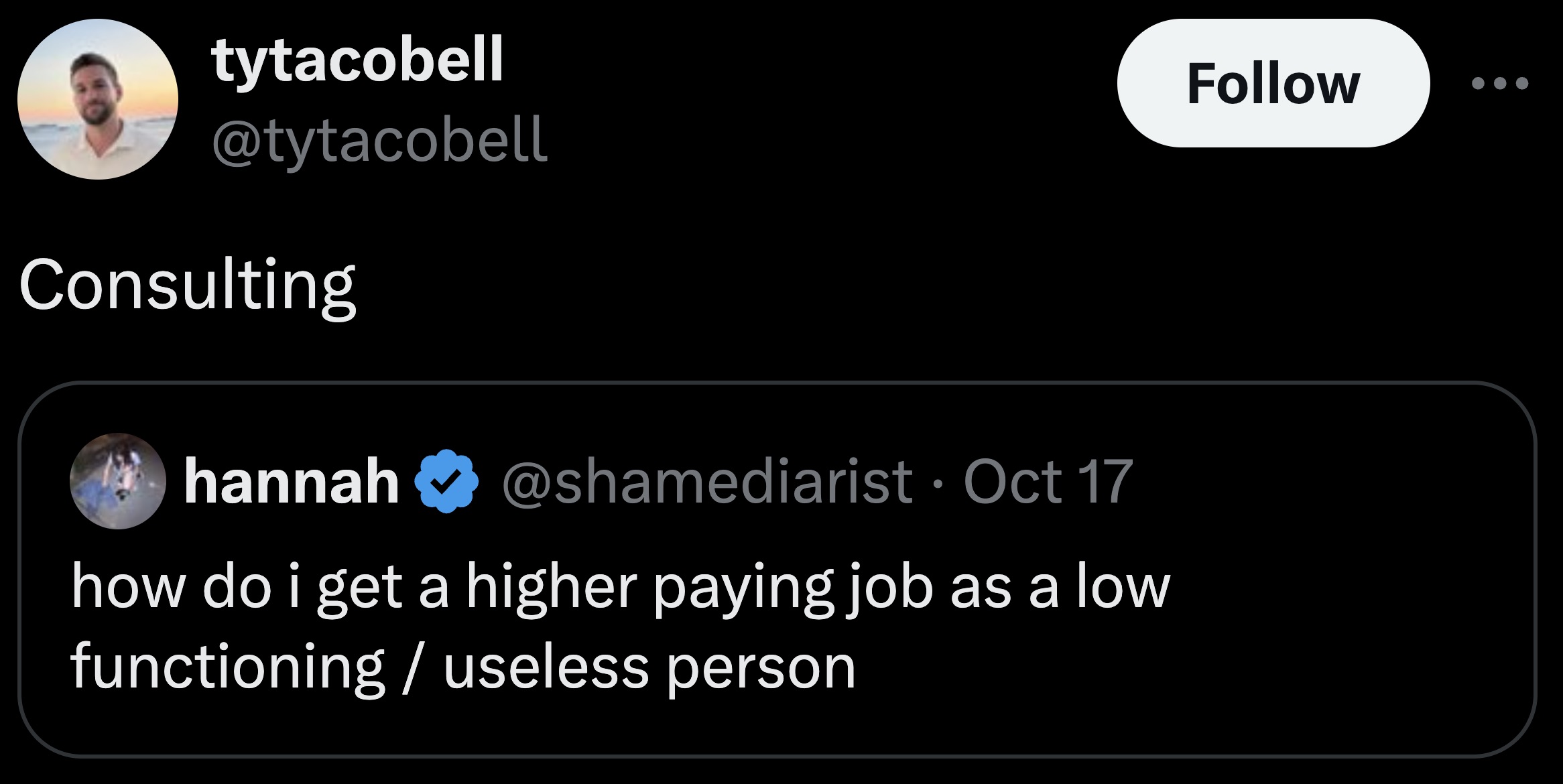 screenshot - tytacobell Consulting hannah Oct 17 how do i get a higher paying job as a low functioning useless person