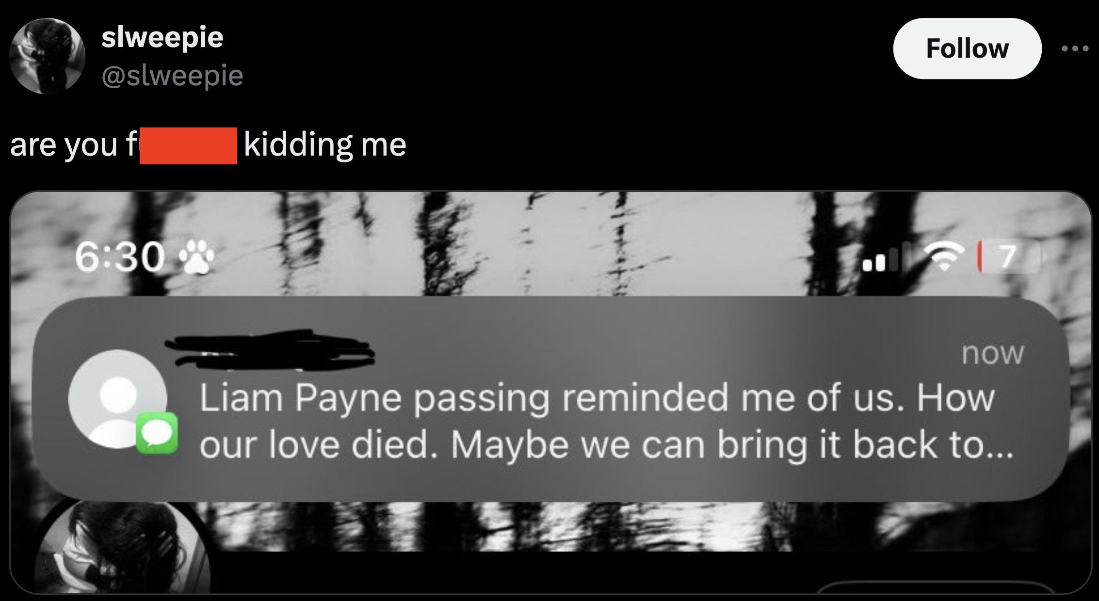 screenshot - slweepie are you f kidding me 17 now Liam Payne passing reminded me of us. How our love died. Maybe we can bring it back to...