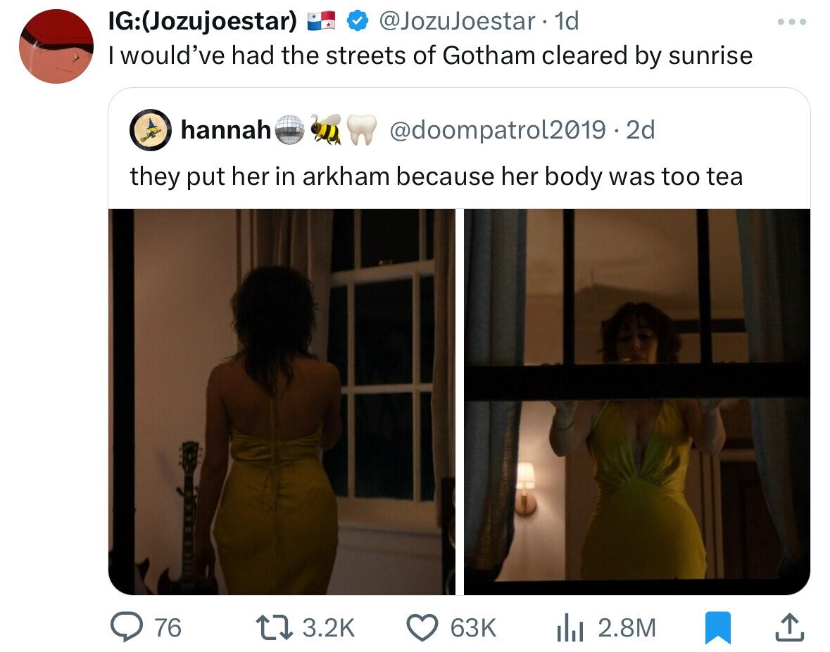 screenshot - IgJozujoestar . 1d I would've had the streets of Gotham cleared by sunrise hannah_ . 2d they put her in arkham because her body was too tea > 76 63K ll 2.8M