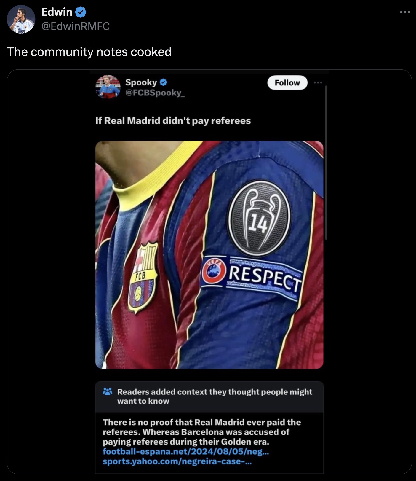 Soccer - Edwin The community notes cooked Spooky If Real Madrid didn't pay referees 14 Fcb Respect Readers added context they thought people might want to know There is no proof that Real Madrid ever paid the referees. Whereas Barcelona was accused of pay