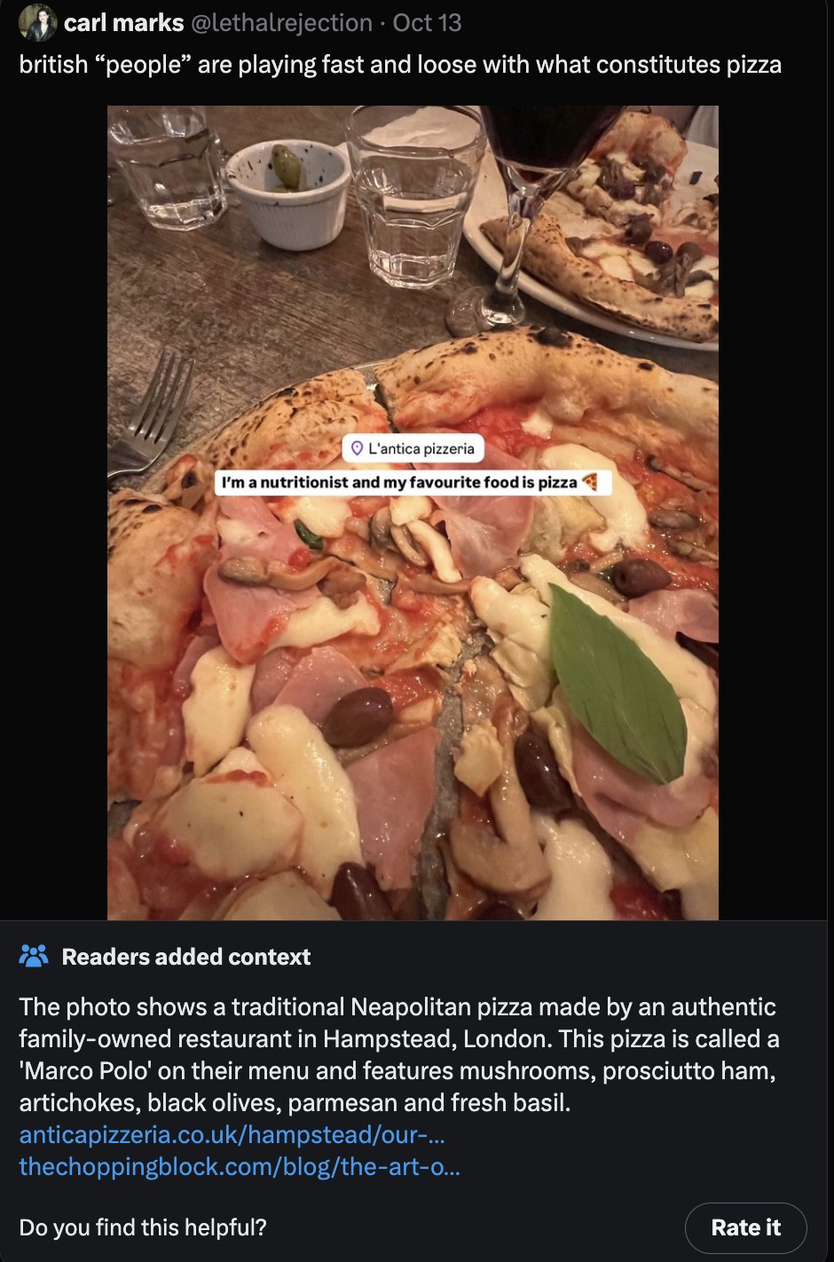 roast beef - carl marks Oct 13 british "people" are playing fast and loose with what constitutes pizza L'antica pizzeria I'm a nutritionist and my favourite food is pizza Readers added context The photo shows a traditional Neapolitan pizza made by an auth