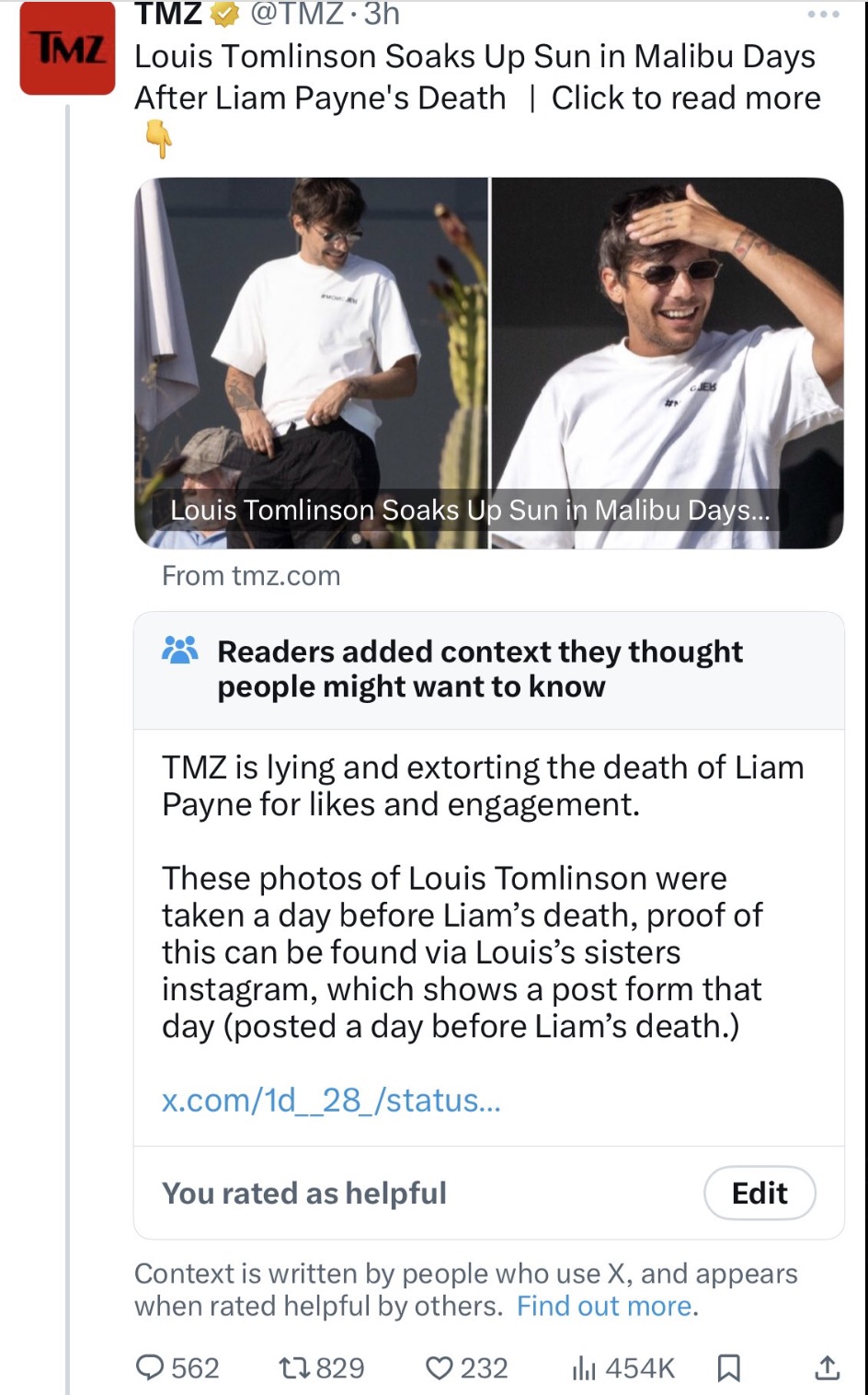 screenshot - Tmz .3h Tmz Louis Tomlinson Soaks Up Sun in Malibu Days After Liam Payne's Death | Click to read more Pho Louis Tomlinson Soaks Up Sun in Malibu Days... From tmz.com Readers added context they thought people might want to know Tmz is lying an