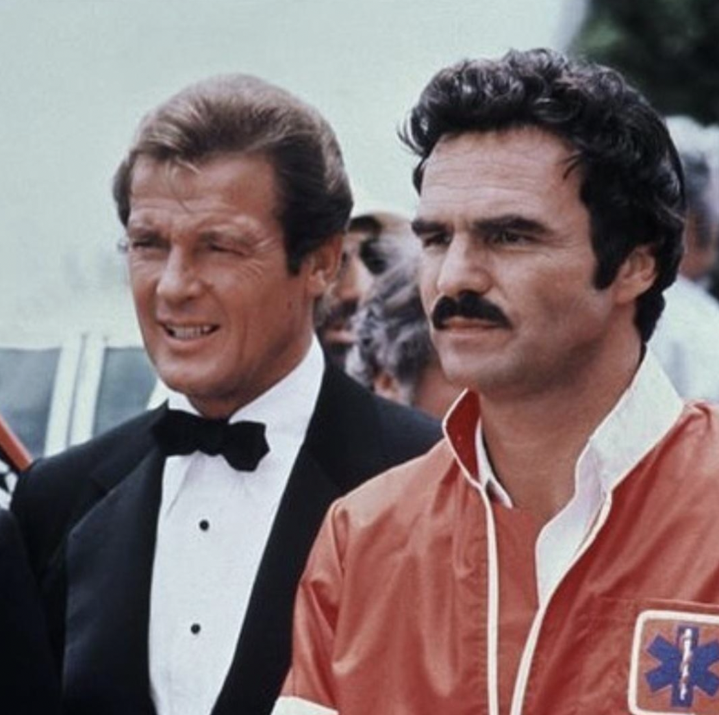 Roger Moore and Burt Reynolds on the set of "The Cannonball Run."