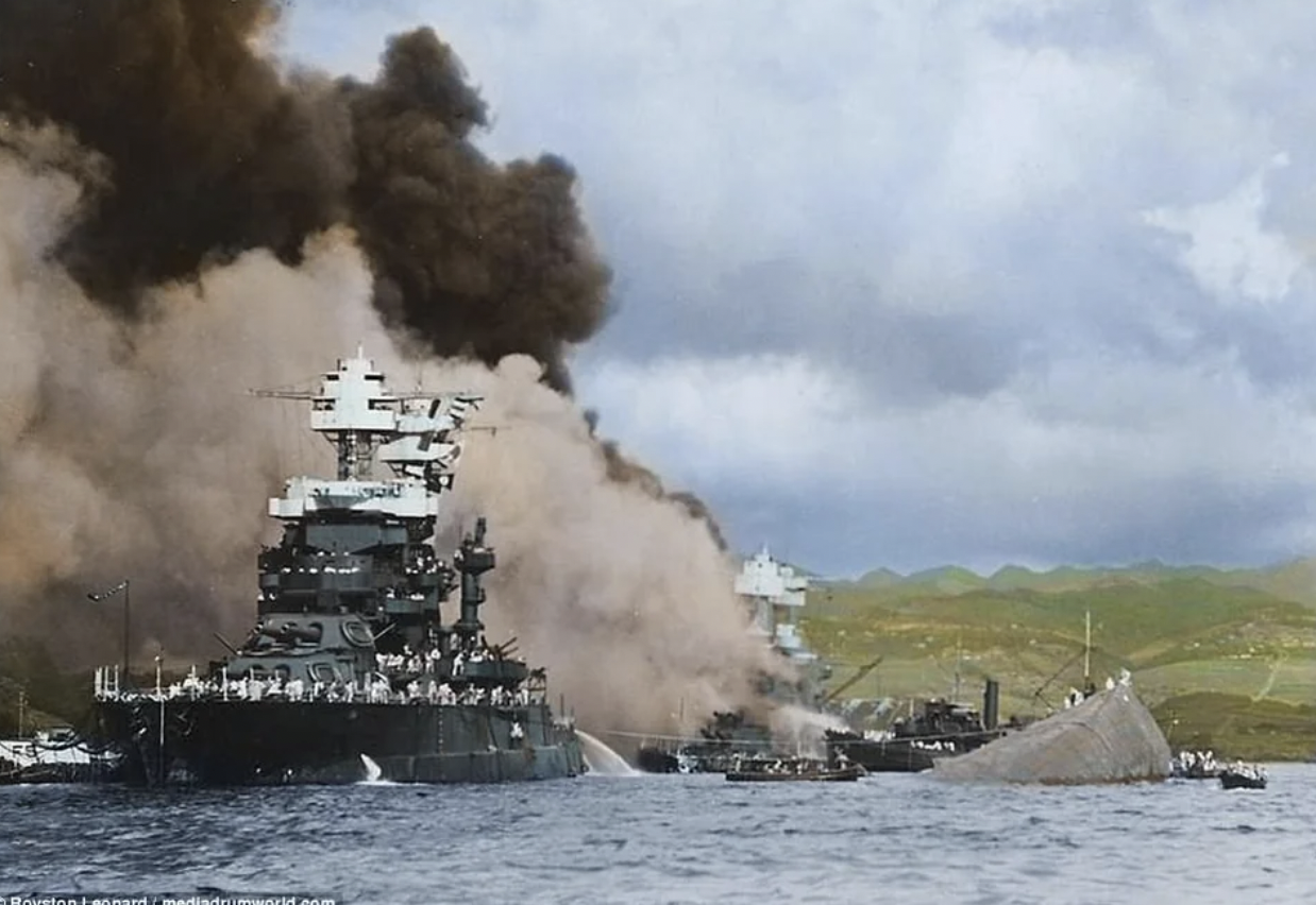 Colorized battleship row after the attack on Pearl Harbor, December 7th, 1941.