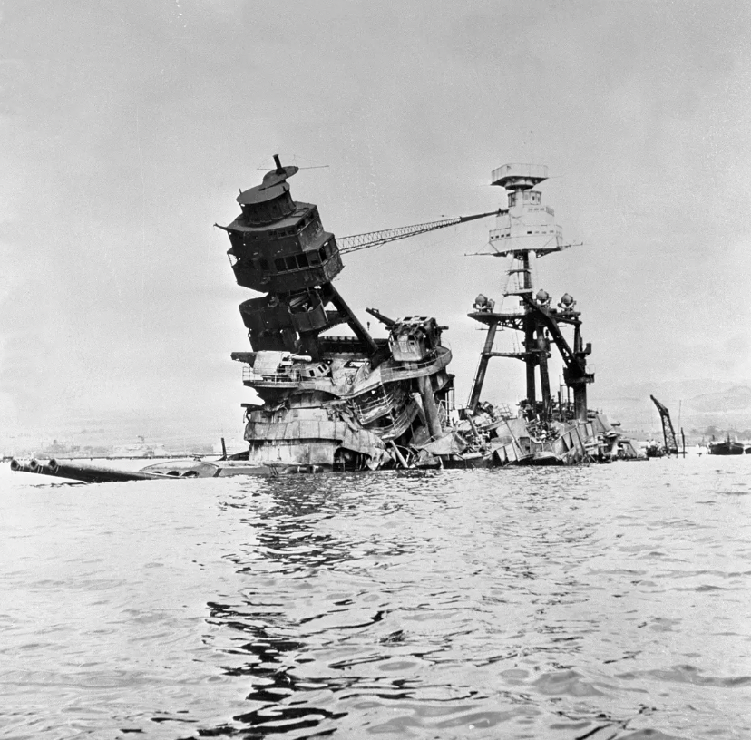 The broken state of the USS Arizona, after the attacks. 