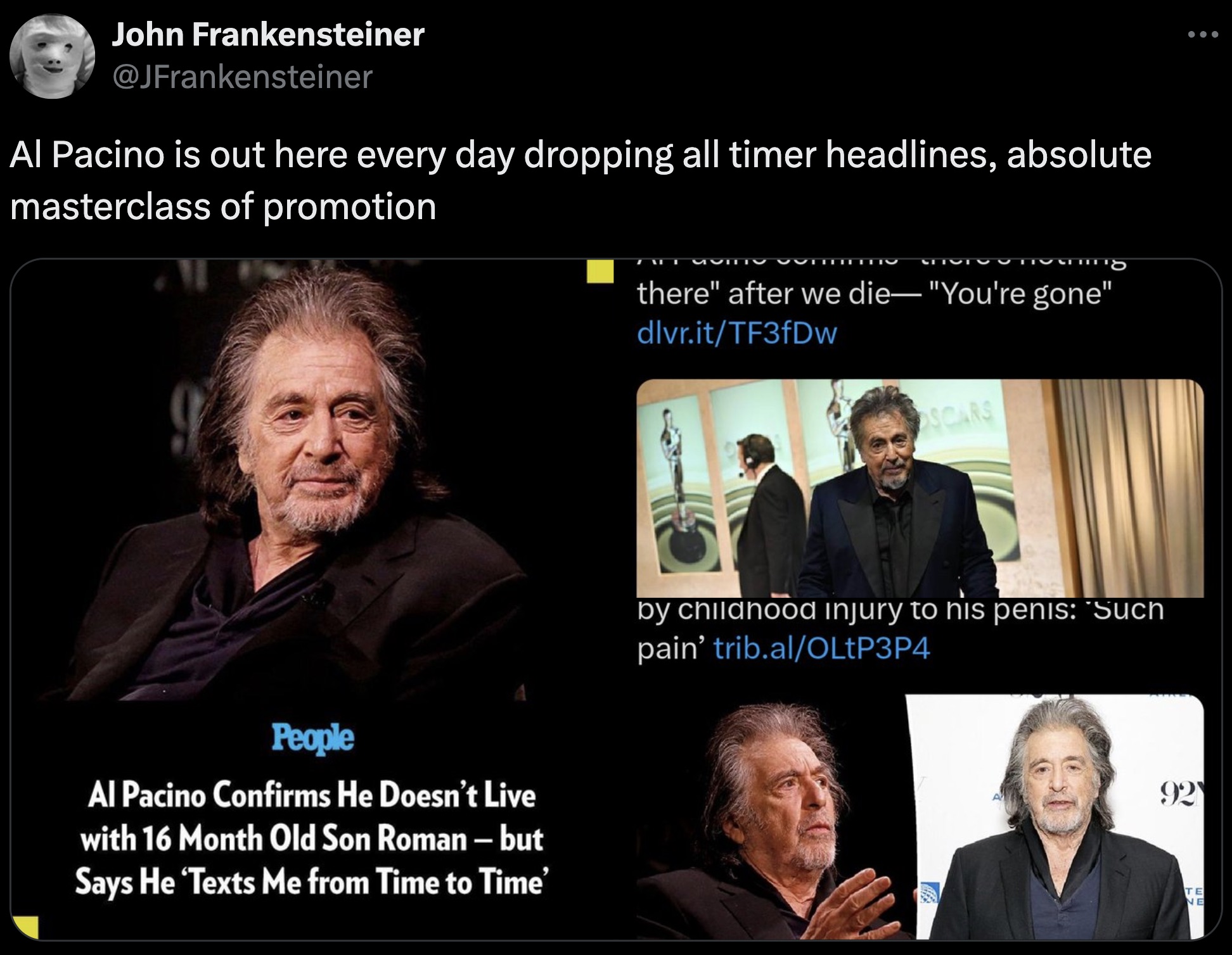 jk rowling olympics boxing tweets - John Frankensteiner Al Pacino is out here every day dropping all timer headlines, absolute masterclass of promotion People Al Pacino Confirms He Doesn't Live with 16 Month Old Son Roman but Says He 'Texts Me from Time t