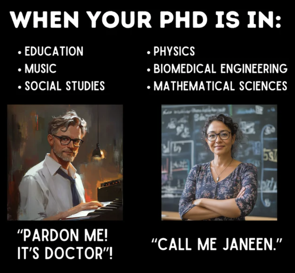 photo caption - When Your Phd Is In .Education .Music .Social Studies .Physics Biomedical Engineering .Mathematical Sciences 53 "Pardon Me! It'S Doctor"! "Call Me Janeen."