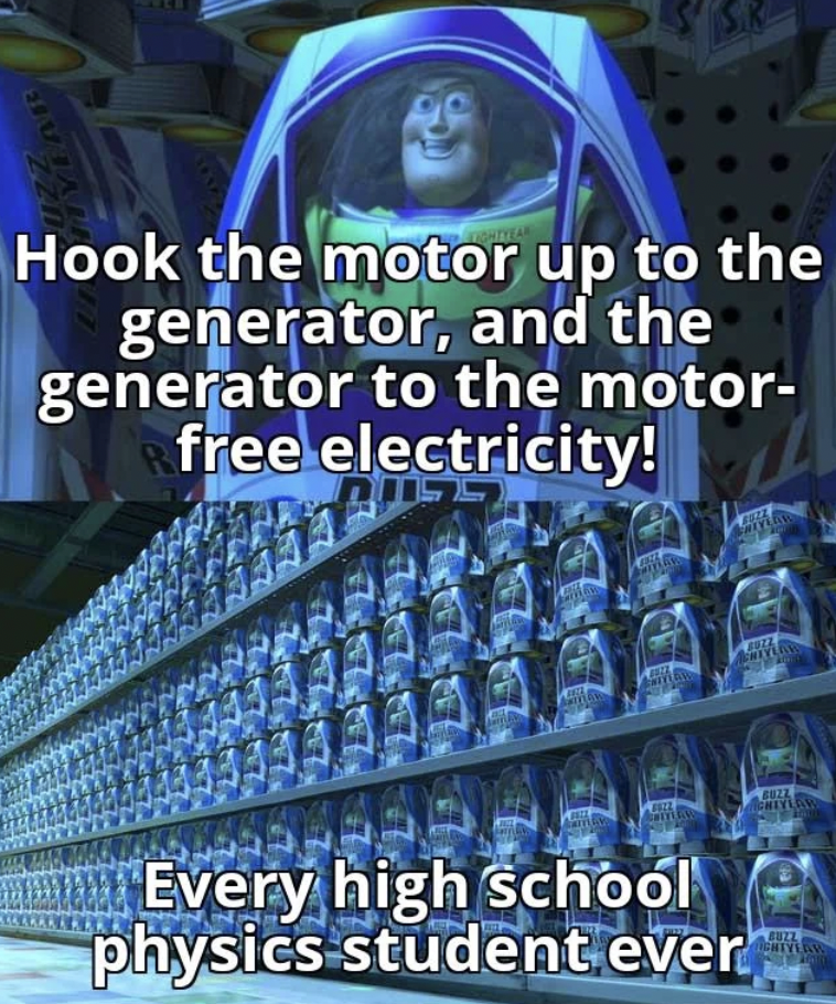 Hook the motor up to the generator, and the generator to the motor free electricity! Every high school physics student ever