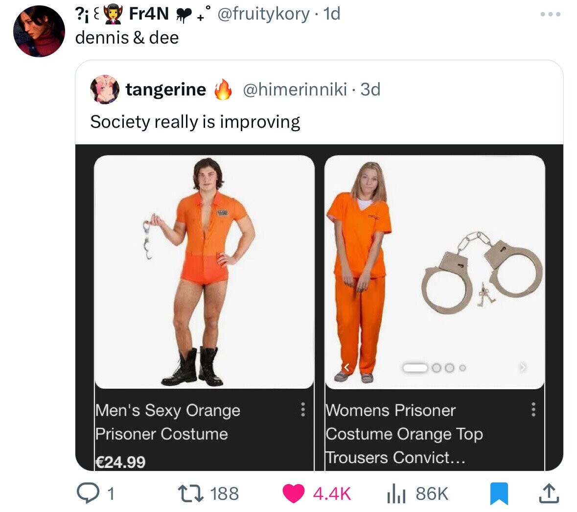 screenshot - ? & Fr4N . 1d dennis & dee tangerine 3d Society really is improving Men's Sexy Orange Prisoner Costume 00 Womens Prisoner Costume Orange Top Trousers Convict... 24.99 1 7188 ... 86K