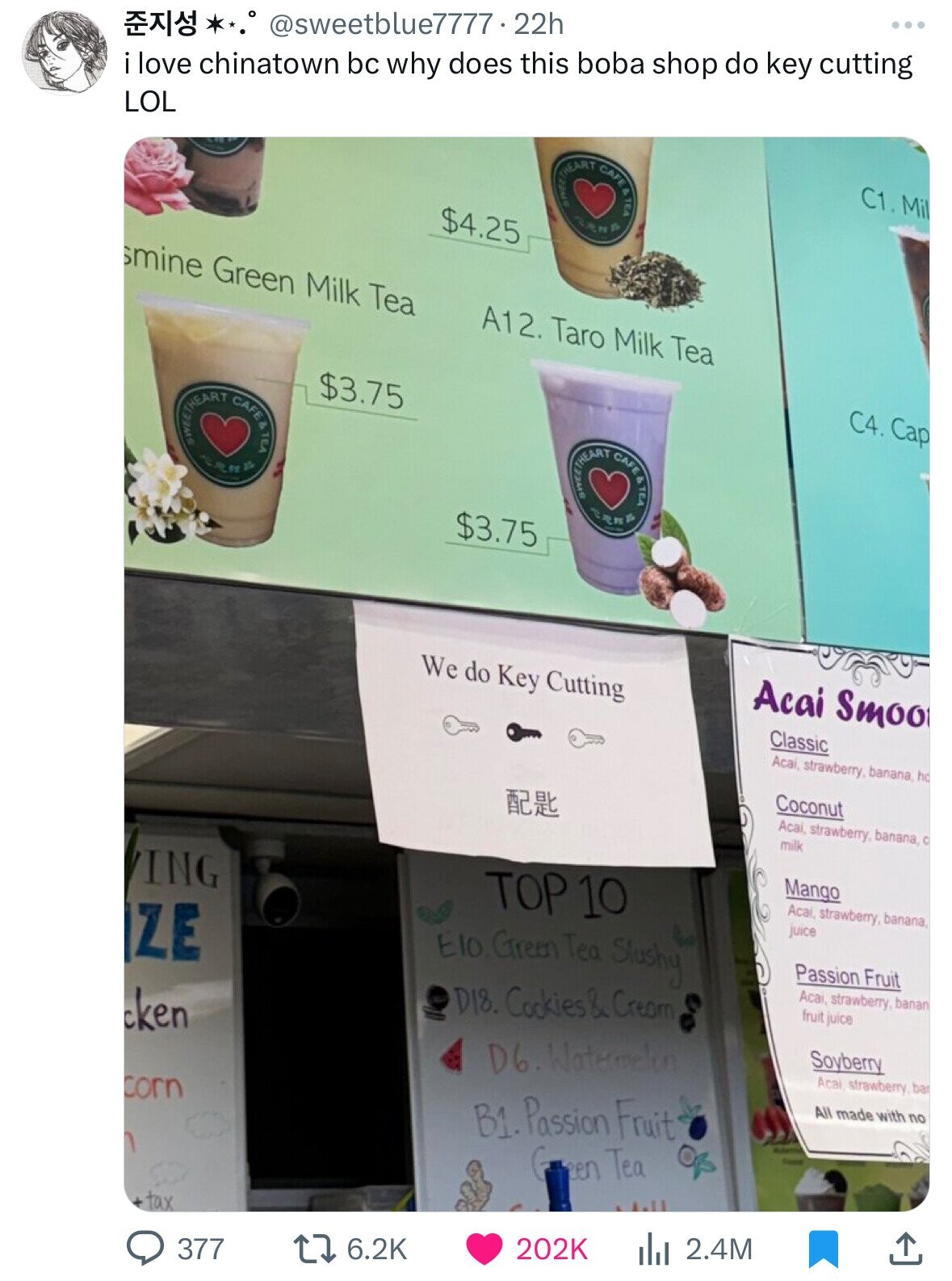 screenshot - .22h i love chinatown bc why does this boba shop do key cutting C1. Mil Lol Heart Cafe $4.25 smine Green Milk Tea A12. Taro Milk Tea C4. Cap Heart Cafe $3.75 $3.75 Theart Cafe Ving Ze cken corn We do Key Cutting Top 10 Elo. Green Tea Slushy D