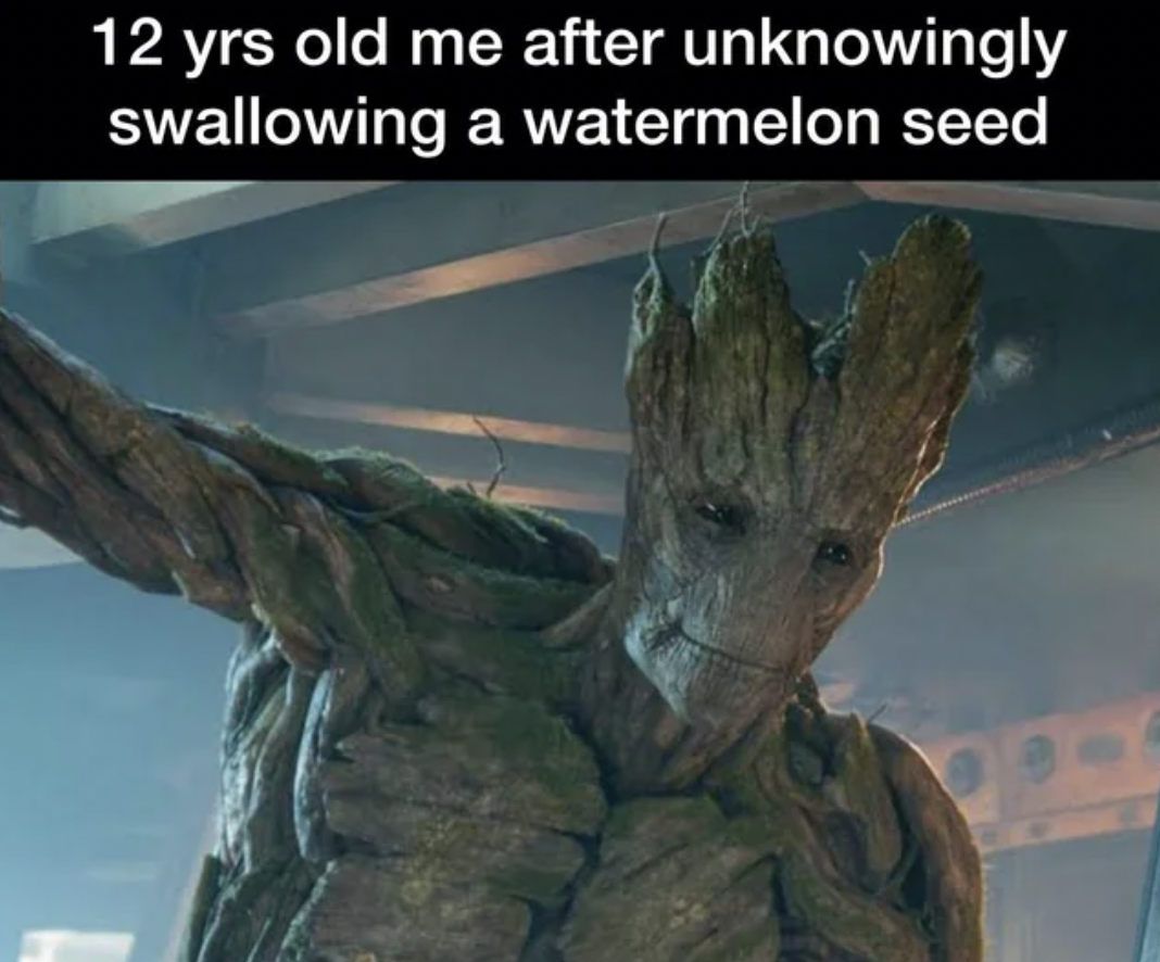 am groot guardians of the galaxy - 12 yrs old me after unknowingly swallowing a watermelon seed