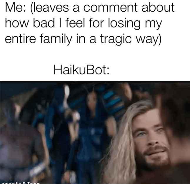 thor love and thunder meme - Me leaves a comment about how bad I feel for losing my entire family in a tragic way HaikuBot mematic & Tenor