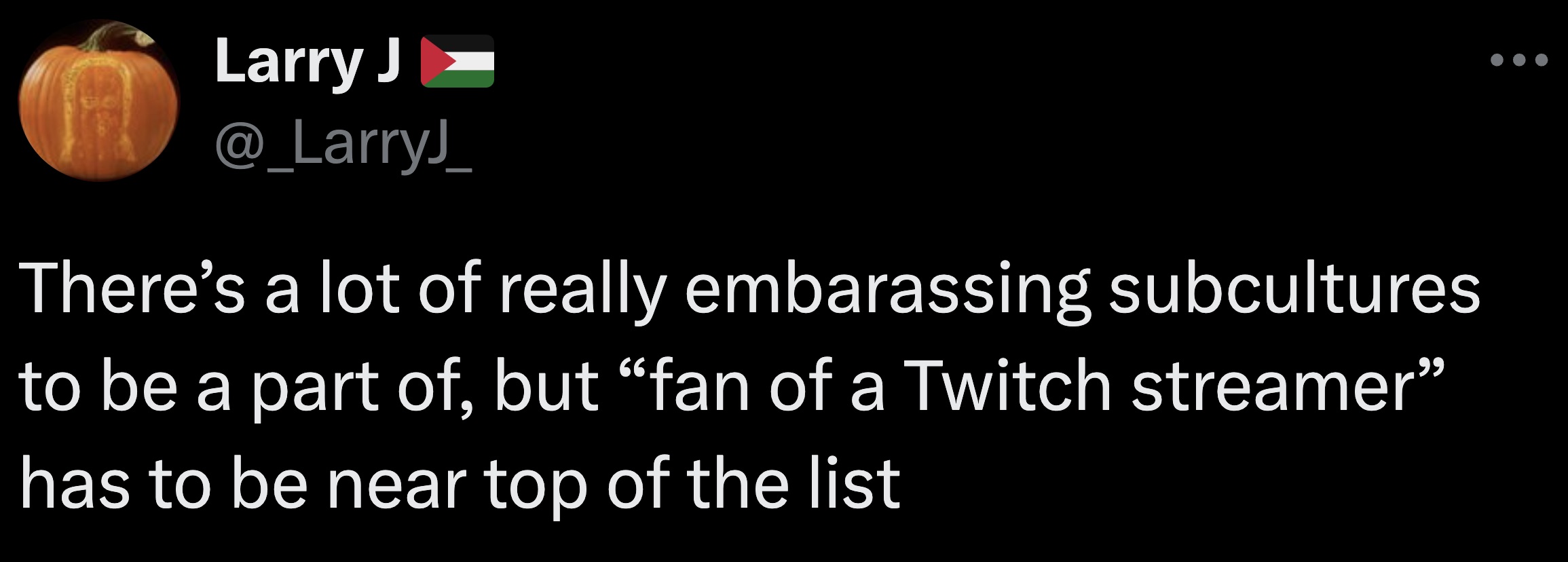 pumpkin - Larry J There's a lot of really embarassing subcultures to be a part of, but fan of a Twitch streamer has to be near top of the list