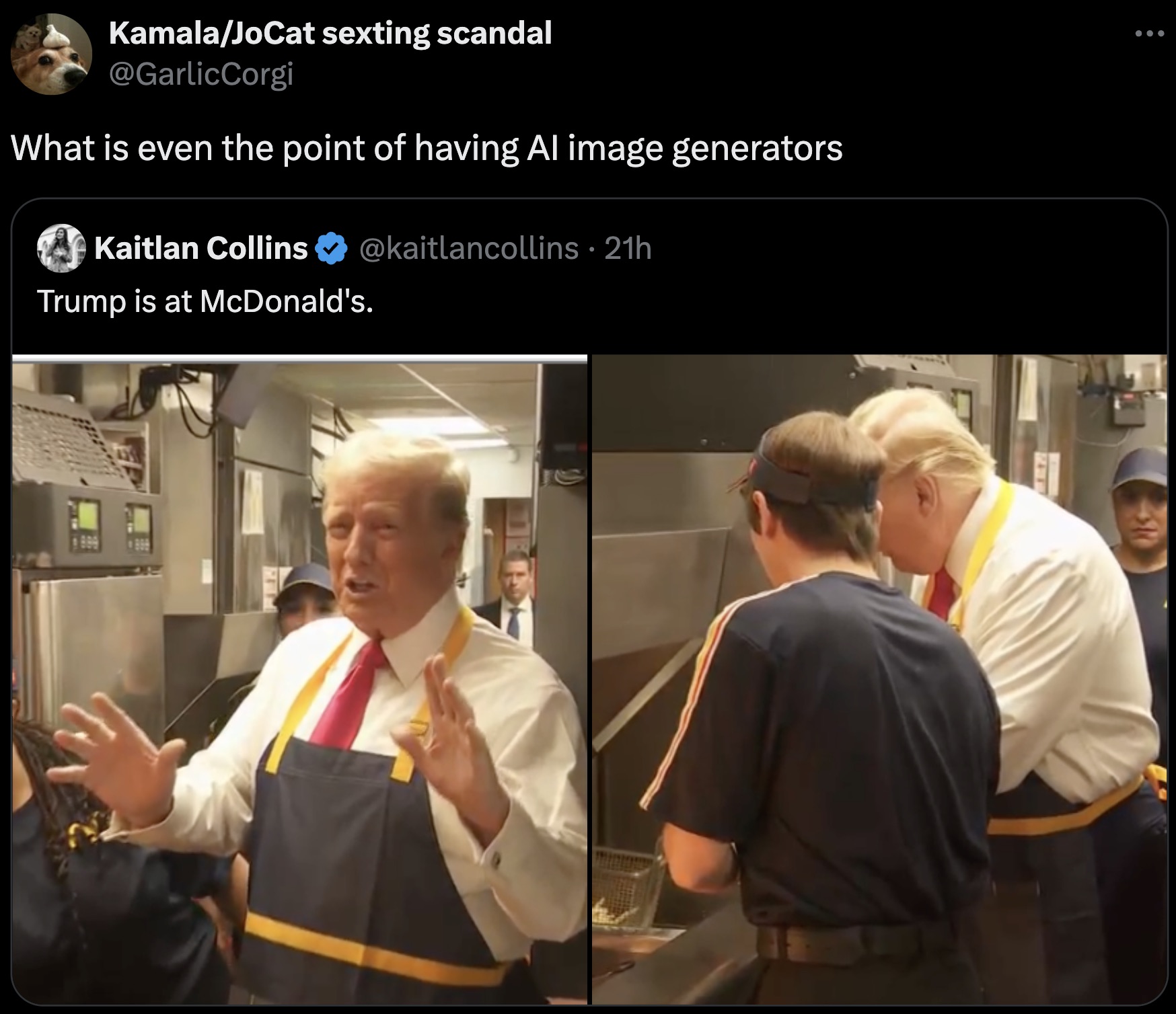 screenshot - KamalaJoCat sexting scandal What is even the point of having Al image generators Kaitlan Collins Trump is at McDonald's. 21h